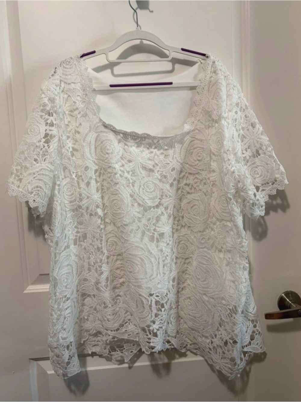 White Floral Lace Scoop Neck Short Sleeve Blouse